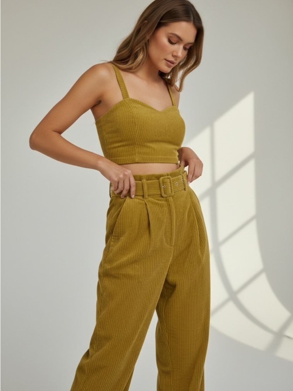 Honey Punch Olive Green Ribbed Wide Leg Pants with Belt
